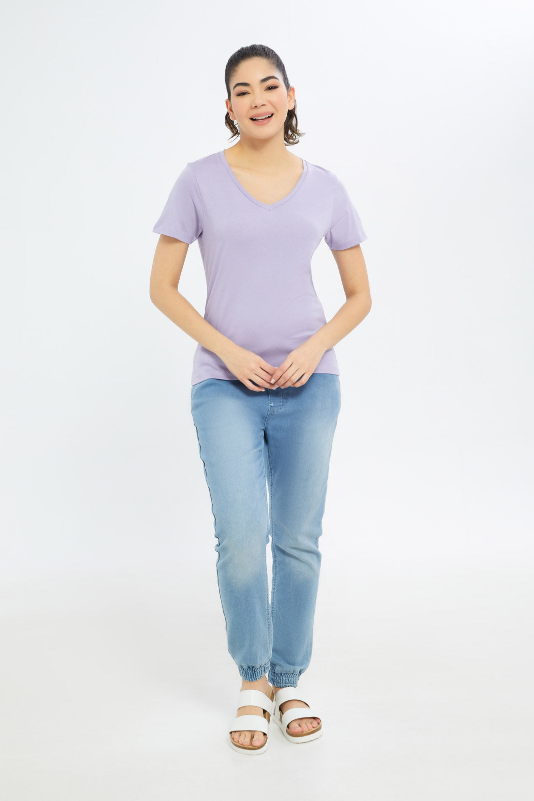 Redtag-Women-Lilac-Short-Sleeve-V--Neck-T-Shirt-BASICS,-Category:T-Shirts,-Colour:Lilac,-Deals:New-In,-Filter:Women's-Clothing,-H1:LWR,-H2:LAD,-H3:TSH,-H4:CAT,-New-In-Women-APL,-Non-Sale,-Promo:TBL,-S23B,-Season:S23B,-Section:Women,-TBL,-Women-T-Shirts-Women's-