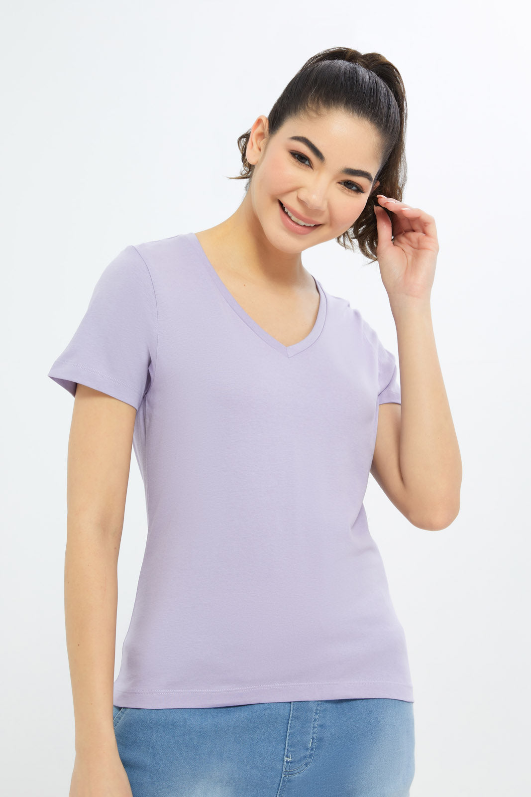 Redtag-Women-Lilac-Short-Sleeve-V--Neck-T-Shirt-BASICS,-Category:T-Shirts,-Colour:Lilac,-Deals:New-In,-Filter:Women's-Clothing,-H1:LWR,-H2:LAD,-H3:TSH,-H4:CAT,-New-In-Women-APL,-Non-Sale,-Promo:TBL,-S23B,-Season:S23B,-Section:Women,-TBL,-Women-T-Shirts-Women's-