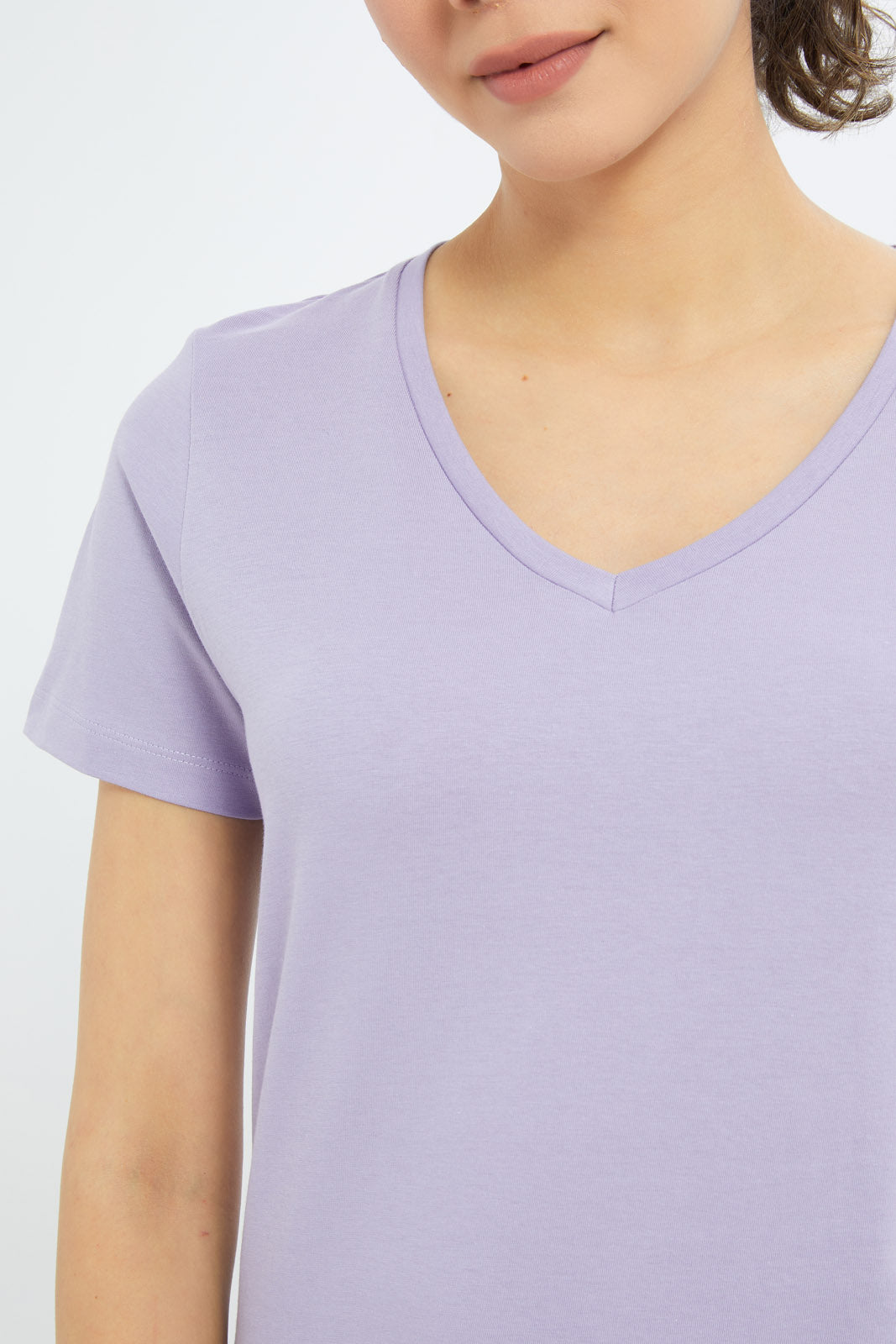 Redtag-Women-Lilac-Short-Sleeve-V--Neck-T-Shirt-BASICS,-Category:T-Shirts,-Colour:Lilac,-Deals:New-In,-Filter:Women's-Clothing,-H1:LWR,-H2:LAD,-H3:TSH,-H4:CAT,-New-In-Women-APL,-Non-Sale,-Promo:TBL,-S23B,-Season:S23B,-Section:Women,-TBL,-Women-T-Shirts-Women's-