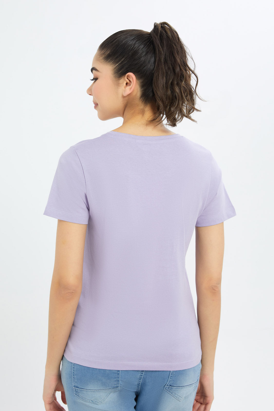 Redtag-Women-Lilac-Short-Sleeve-V--Neck-T-Shirt-BASICS,-Category:T-Shirts,-Colour:Lilac,-Deals:New-In,-Filter:Women's-Clothing,-H1:LWR,-H2:LAD,-H3:TSH,-H4:CAT,-New-In-Women-APL,-Non-Sale,-Promo:TBL,-S23B,-Season:S23B,-Section:Women,-TBL,-Women-T-Shirts-Women's-