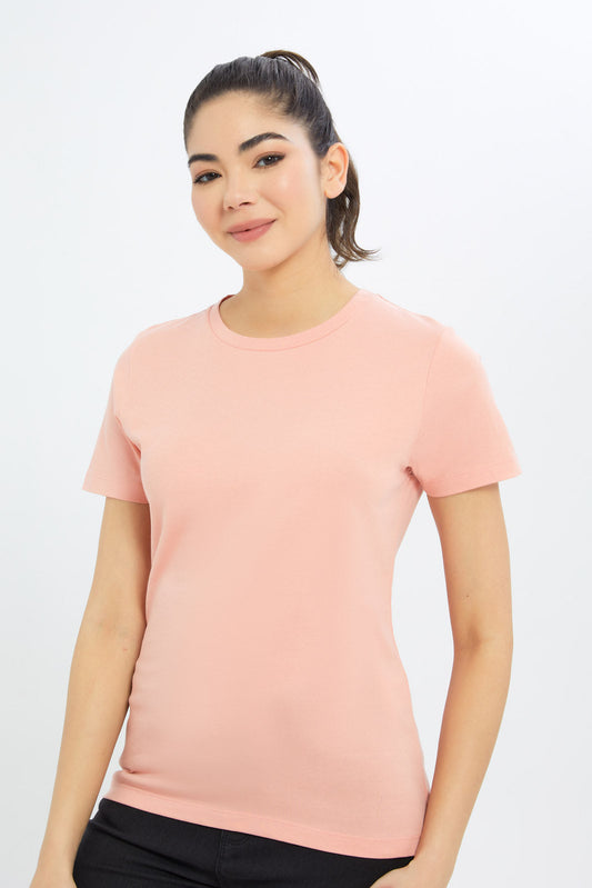 Redtag-Women-Rosetan-Short-Sleeve-Crew-Neck-T-Shirt-BASICS,-Category:T-Shirts,-Colour:Apricot,-Deals:New-In,-Filter:Women's-Clothing,-H1:LWR,-H2:LAD,-H3:TSH,-H4:CAT,-New-In-Women-APL,-Non-Sale,-Promo:TBL,-S23B,-Season:S23B,-Section:Women,-TBL,-Women-T-Shirts-Women's-