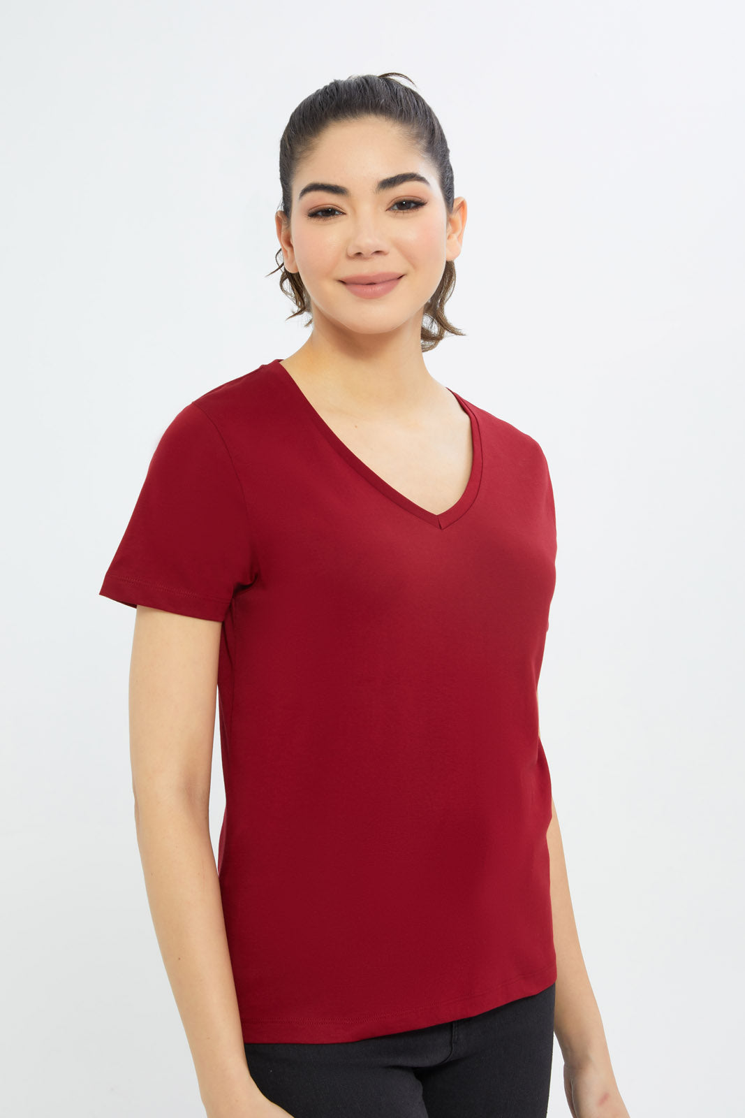 Redtag-Women-Red-Short-Sleeve-V-Neck-T-Shirt-BASICS,-Category:T-Shirts,-Colour:Red,-Deals:New-In,-Filter:Women's-Clothing,-H1:LWR,-H2:LAD,-H3:TSH,-H4:CAT,-New-In-Women-APL,-Non-Sale,-Promo:TBL,-S23B,-Season:S23B,-Section:Women,-TBL,-Women-T-Shirts-Women's-