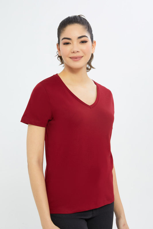 Redtag-Women-Red-Short-Sleeve-V-Neck-T-Shirt-BASICS,-Category:T-Shirts,-Colour:Red,-Deals:New-In,-Filter:Women's-Clothing,-H1:LWR,-H2:LAD,-H3:TSH,-H4:CAT,-New-In-Women-APL,-Non-Sale,-Promo:TBL,-S23B,-Season:S23B,-Section:Women,-TBL,-Women-T-Shirts-Women's-