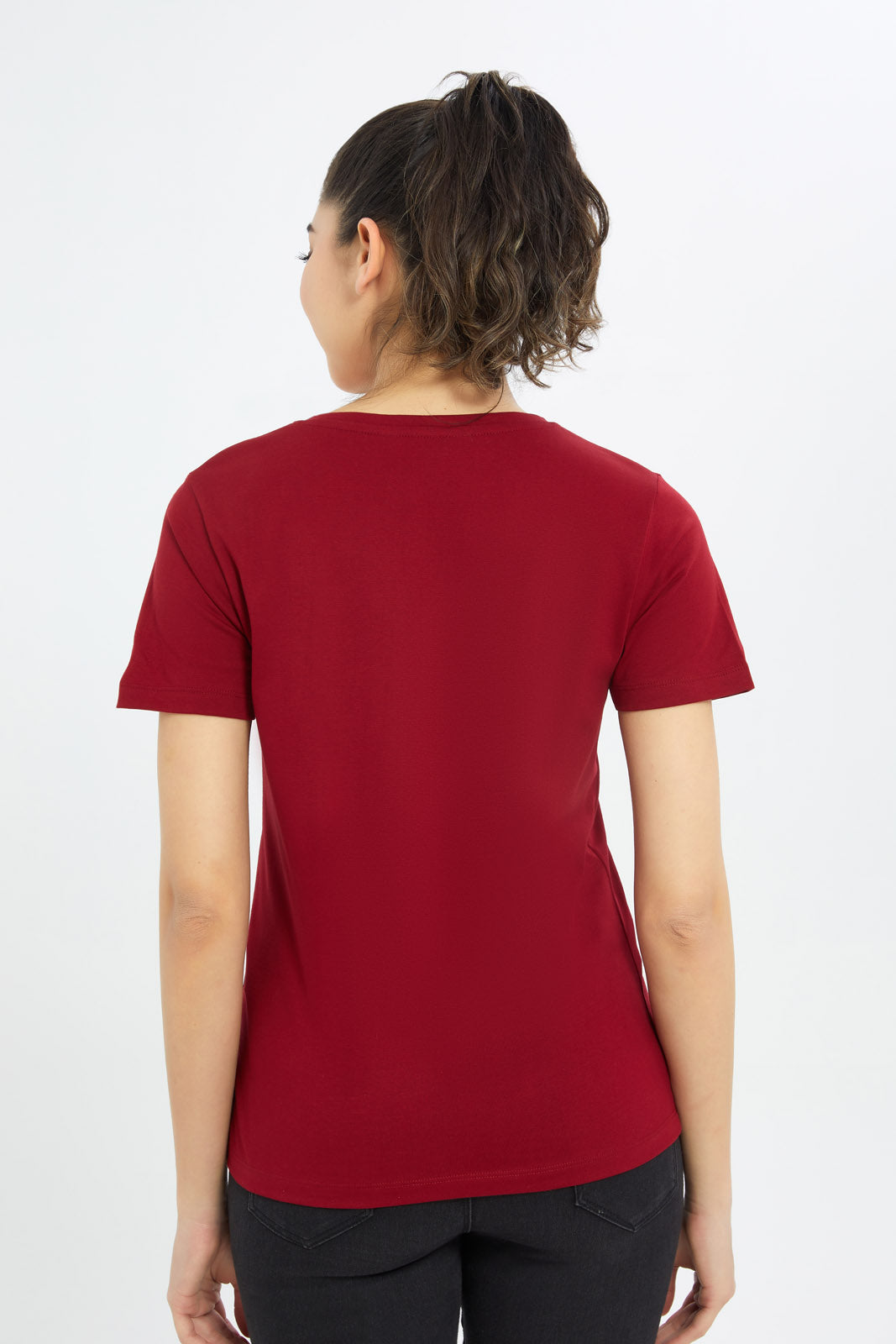 Redtag-Women-Red-Short-Sleeve-V-Neck-T-Shirt-BASICS,-Category:T-Shirts,-Colour:Red,-Deals:New-In,-Filter:Women's-Clothing,-H1:LWR,-H2:LAD,-H3:TSH,-H4:CAT,-New-In-Women-APL,-Non-Sale,-Promo:TBL,-S23B,-Season:S23B,-Section:Women,-TBL,-Women-T-Shirts-Women's-