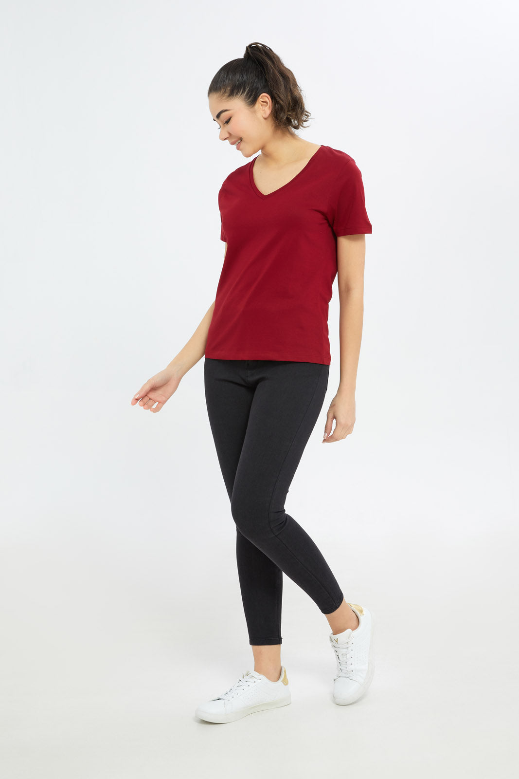 Redtag-Women-Red-Short-Sleeve-V-Neck-T-Shirt-BASICS,-Category:T-Shirts,-Colour:Red,-Deals:New-In,-Filter:Women's-Clothing,-H1:LWR,-H2:LAD,-H3:TSH,-H4:CAT,-New-In-Women-APL,-Non-Sale,-Promo:TBL,-S23B,-Season:S23B,-Section:Women,-TBL,-Women-T-Shirts-Women's-