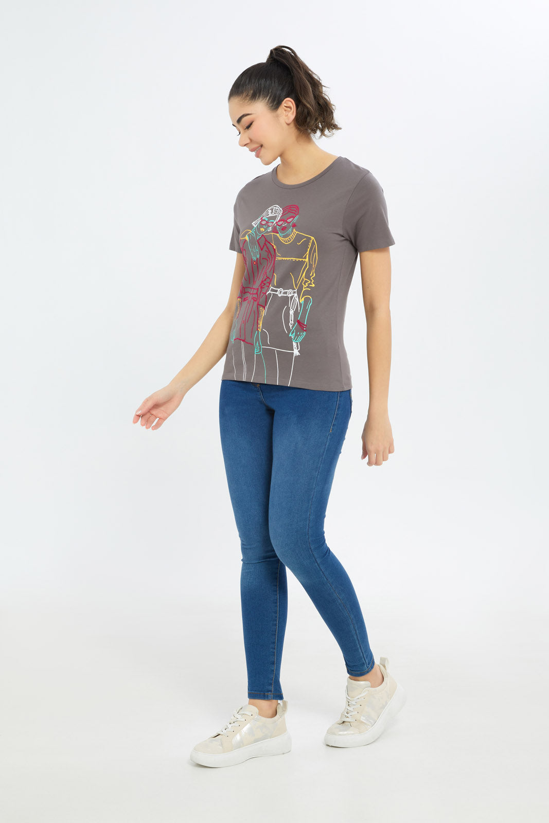 Redtag-Women-Acid-Wash-Line-Art-Embellished-T-Shirt-Category:T-Shirts,-Colour:Charcoal,-Deals:New-In,-Filter:Women's-Clothing,-H1:LWR,-H2:LAD,-H3:TSH,-H4:CAT,-New-In-Women-APL,-Non-Sale,-Promo:TBL,-S23C,-Season:S23C,-Section:Women,-TBL,-Women-T-Shirts-Women's-