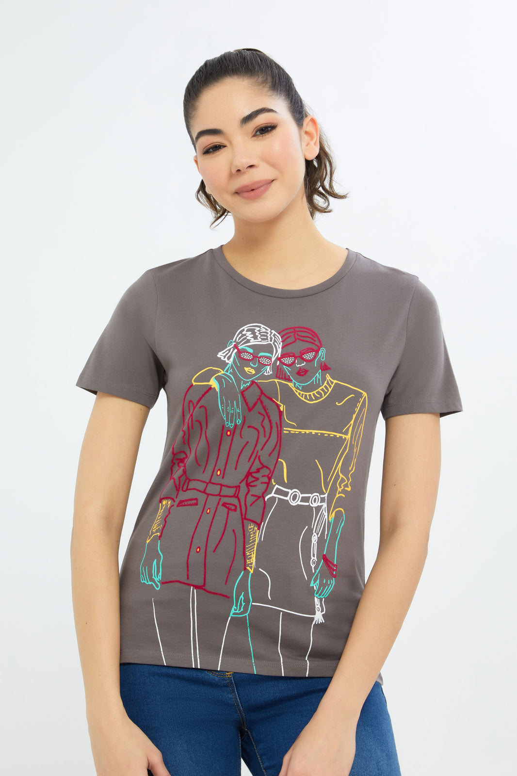 Redtag-Women-Acid-Wash-Line-Art-Embellished-T-Shirt-Category:T-Shirts,-Colour:Charcoal,-Deals:New-In,-Filter:Women's-Clothing,-H1:LWR,-H2:LAD,-H3:TSH,-H4:CAT,-New-In-Women-APL,-Non-Sale,-Promo:TBL,-S23C,-Season:S23C,-Section:Women,-TBL,-Women-T-Shirts-Women's-