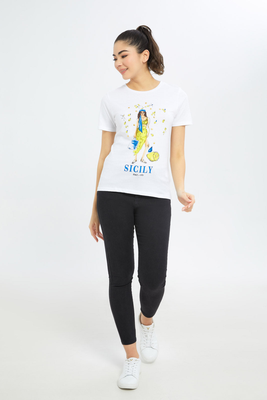 Redtag-Women-White-Sicily-Art-Embellished-T-Shirt-Category:T-Shirts,-Colour:White,-Deals:New-In,-Filter:Women's-Clothing,-H1:LWR,-H2:LAD,-H3:TSH,-H4:CAT,-New-In-Women-APL,-Non-Sale,-Promo:TBL,-S23C,-Season:S23C,-Section:Women,-TBL,-Women-T-Shirts-Women's-