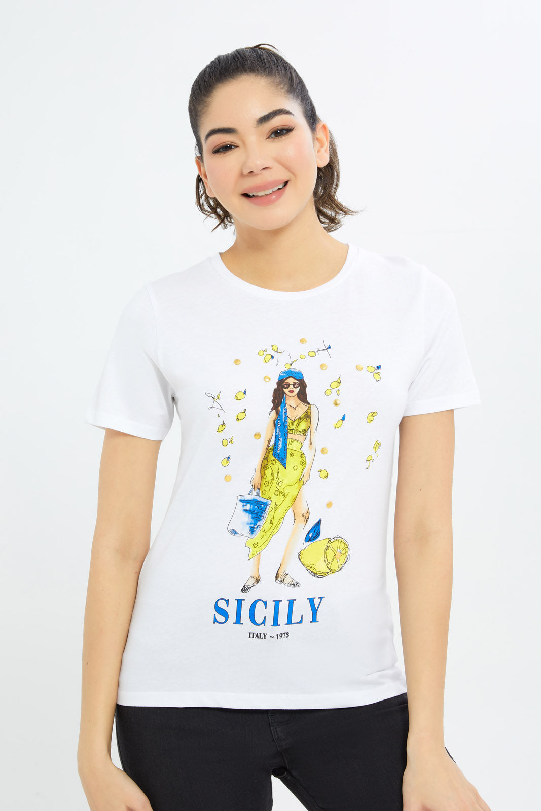Redtag-Women-White-Sicily-Art-Embellished-T-Shirt-Category:T-Shirts,-Colour:White,-Deals:New-In,-Filter:Women's-Clothing,-H1:LWR,-H2:LAD,-H3:TSH,-H4:CAT,-New-In-Women-APL,-Non-Sale,-Promo:TBL,-S23C,-Season:S23C,-Section:Women,-TBL,-Women-T-Shirts-Women's-
