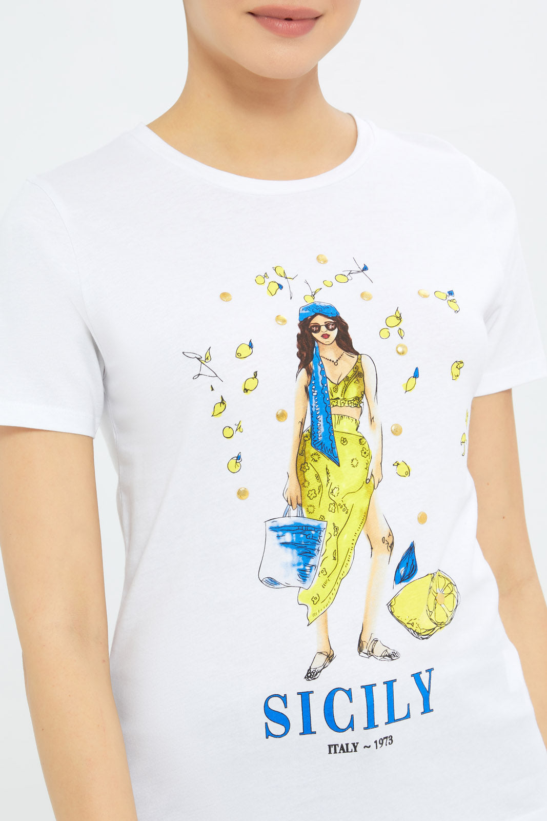 Redtag-Women-White-Sicily-Art-Embellished-T-Shirt-Category:T-Shirts,-Colour:White,-Deals:New-In,-Filter:Women's-Clothing,-H1:LWR,-H2:LAD,-H3:TSH,-H4:CAT,-New-In-Women-APL,-Non-Sale,-Promo:TBL,-S23C,-Season:S23C,-Section:Women,-TBL,-Women-T-Shirts-Women's-
