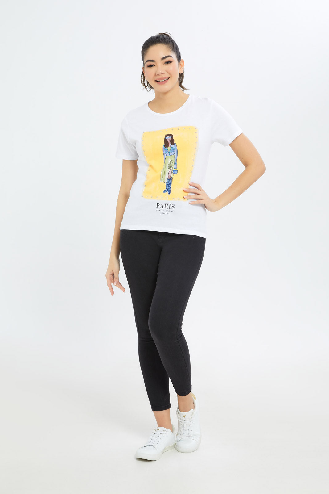 Redtag-Women-White-Paris-Art-Embellished-T-Shirt-Category:T-Shirts,-Colour:White,-Deals:New-In,-Filter:Women's-Clothing,-H1:LWR,-H2:LAD,-H3:TSH,-H4:CAT,-New-In-Women-APL,-Non-Sale,-Promo:TBL,-S23C,-Season:S23C,-Section:Women,-TBL,-Women-T-Shirts-Women's-