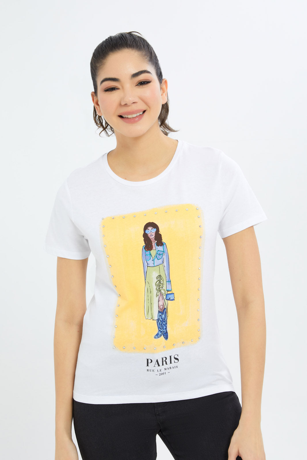 Redtag-Women-White-Paris-Art-Embellished-T-Shirt-Category:T-Shirts,-Colour:White,-Deals:New-In,-Filter:Women's-Clothing,-H1:LWR,-H2:LAD,-H3:TSH,-H4:CAT,-New-In-Women-APL,-Non-Sale,-Promo:TBL,-S23C,-Season:S23C,-Section:Women,-TBL,-Women-T-Shirts-Women's-