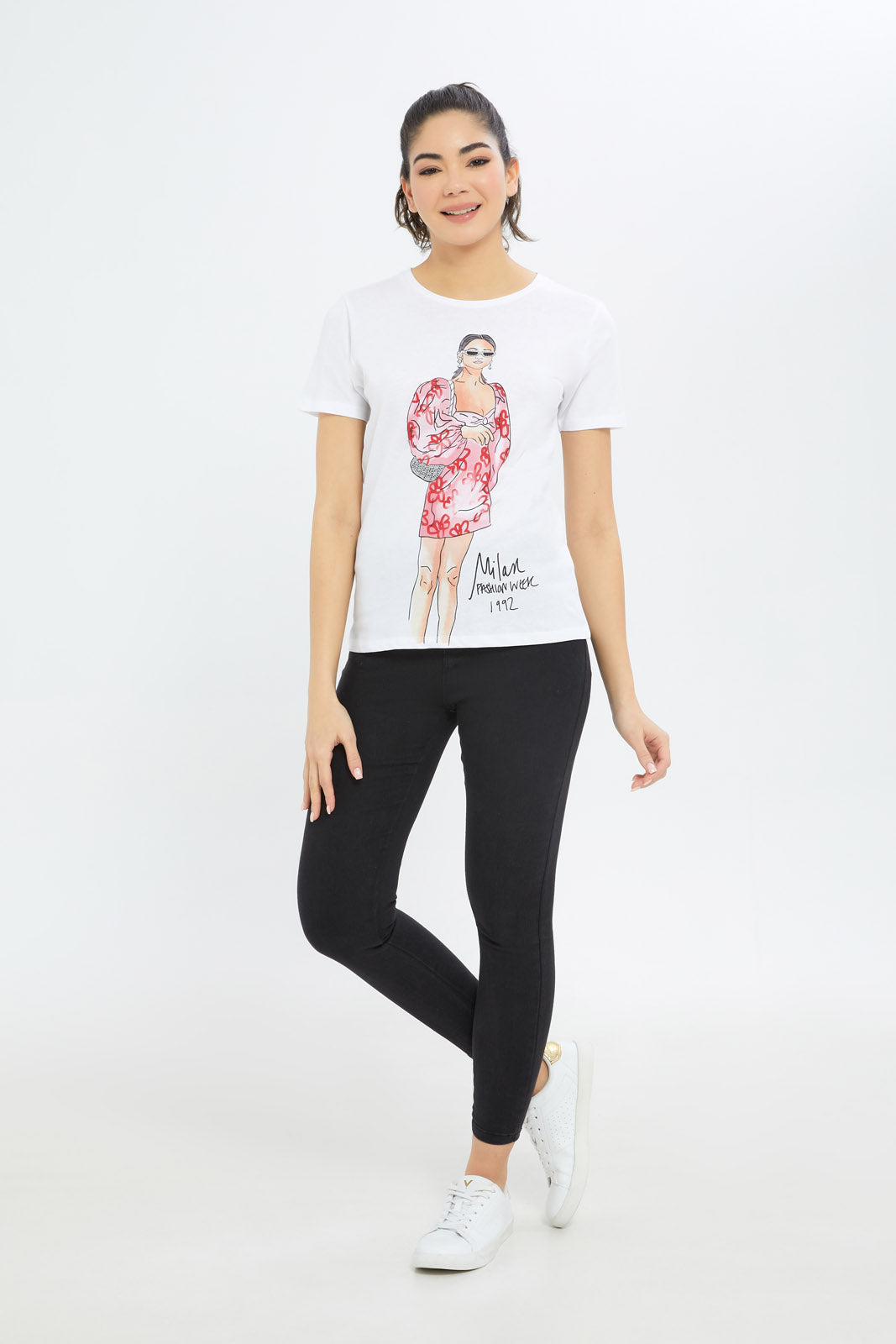 Redtag-Women-White-Line-Art-Embellished-T-Shirt-Category:T-Shirts,-Colour:White,-Deals:New-In,-Filter:Women's-Clothing,-H1:LWR,-H2:LAD,-H3:TSH,-H4:CAT,-New-In-Women-APL,-Non-Sale,-Promo:TBL,-S23C,-Season:S23C,-Section:Women,-TBL,-Women-T-Shirts-Women's-