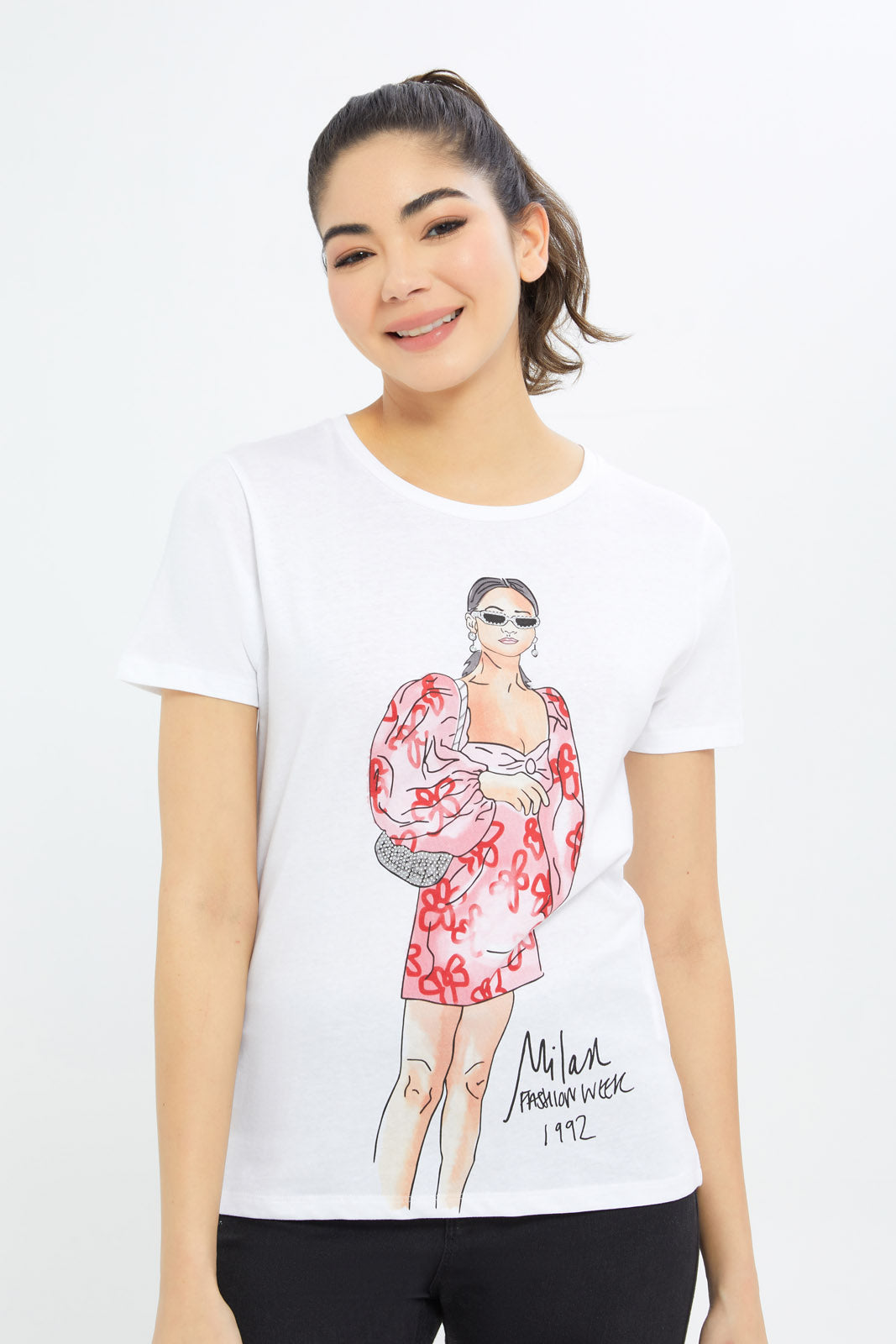 Redtag-Women-White-Line-Art-Embellished-T-Shirt-Category:T-Shirts,-Colour:White,-Deals:New-In,-Filter:Women's-Clothing,-H1:LWR,-H2:LAD,-H3:TSH,-H4:CAT,-New-In-Women-APL,-Non-Sale,-Promo:TBL,-S23C,-Season:S23C,-Section:Women,-TBL,-Women-T-Shirts-Women's-