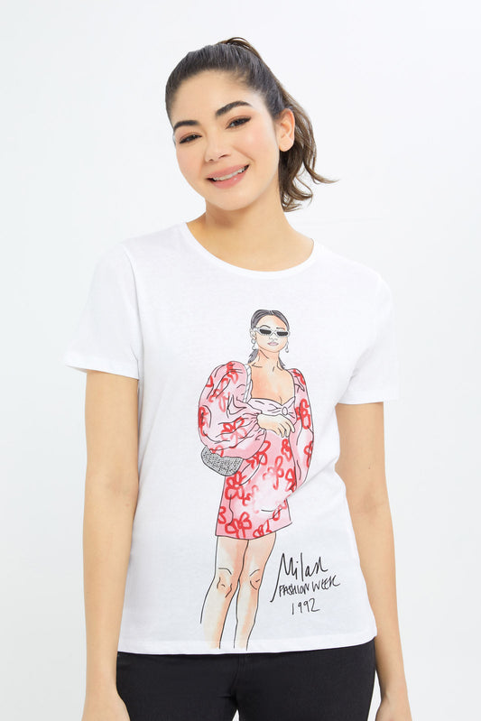 Redtag-Women-White-Line-Art-Embellished-T-Shirt-Category:T-Shirts,-Colour:White,-Deals:New-In,-Filter:Women's-Clothing,-H1:LWR,-H2:LAD,-H3:TSH,-H4:CAT,-New-In-Women-APL,-Non-Sale,-Promo:TBL,-S23C,-Season:S23C,-Section:Women,-TBL,-Women-T-Shirts-Women's-