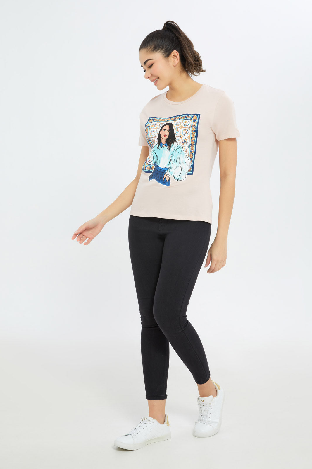 Redtag-Women-Pink-Abstract-Art-Embellished-T-Shirt-Category:T-Shirts,-Colour:Apricot,-Deals:New-In,-Filter:Women's-Clothing,-H1:LWR,-H2:LAD,-H3:TSH,-H4:CAT,-New-In-Women-APL,-Non-Sale,-Promo:TBL,-S23C,-Season:S23C,-Section:Women,-TBL,-Women-T-Shirts-Women's-