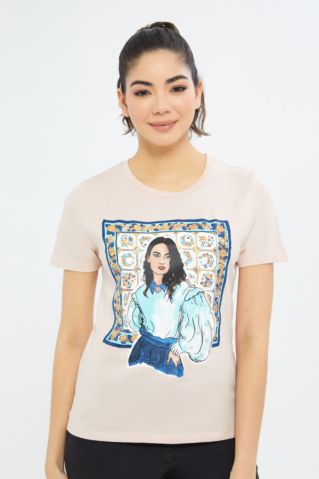 Redtag-Women-Pink-Abstract-Art-Embellished-T-Shirt-Category:T-Shirts,-Colour:Apricot,-Deals:New-In,-Filter:Women's-Clothing,-H1:LWR,-H2:LAD,-H3:TSH,-H4:CAT,-New-In-Women-APL,-Non-Sale,-Promo:TBL,-S23C,-Season:S23C,-Section:Women,-TBL,-Women-T-Shirts-Women's-