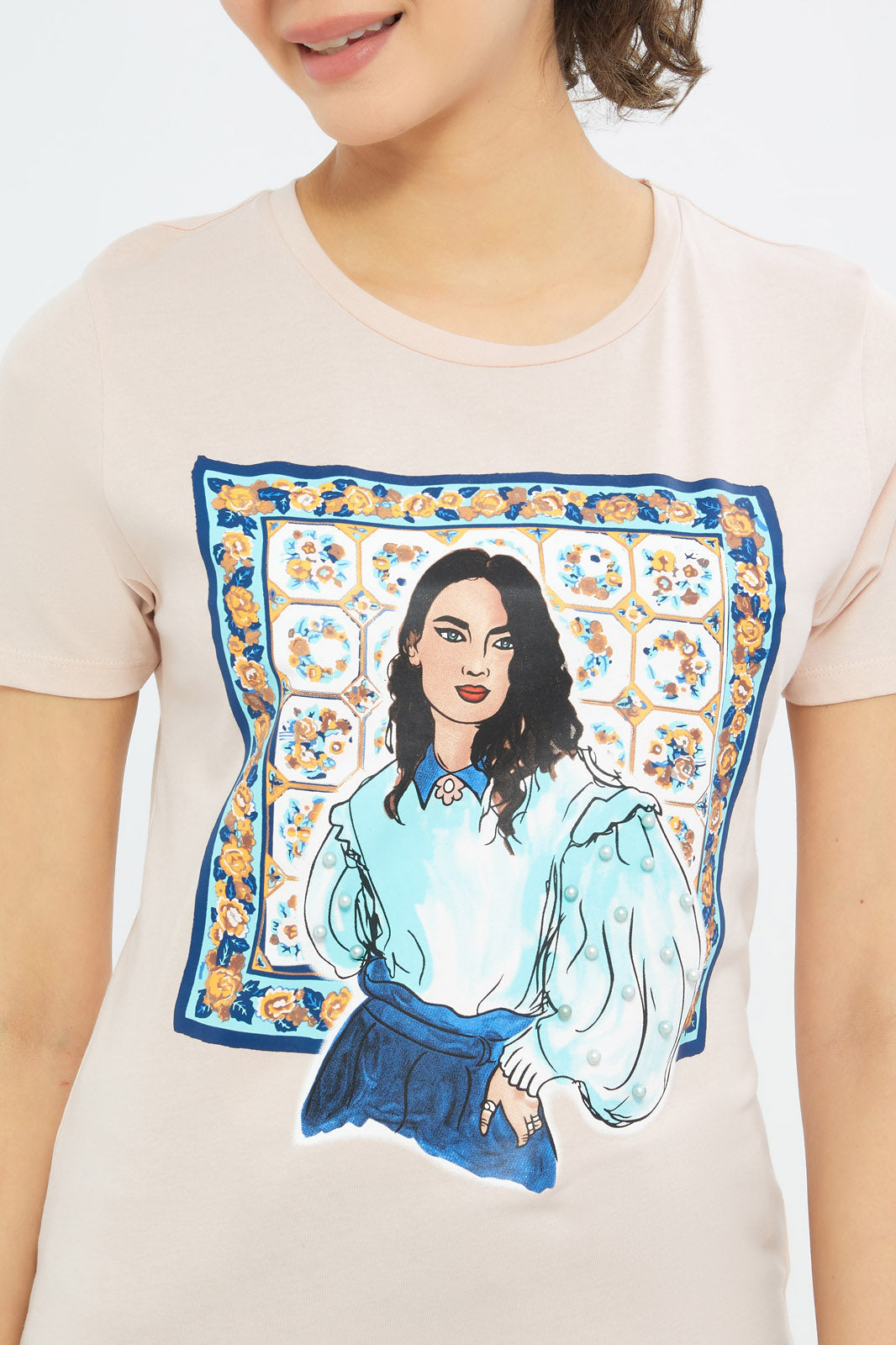 Redtag-Women-Pink-Abstract-Art-Embellished-T-Shirt-Category:T-Shirts,-Colour:Apricot,-Deals:New-In,-Filter:Women's-Clothing,-H1:LWR,-H2:LAD,-H3:TSH,-H4:CAT,-New-In-Women-APL,-Non-Sale,-Promo:TBL,-S23C,-Season:S23C,-Section:Women,-TBL,-Women-T-Shirts-Women's-