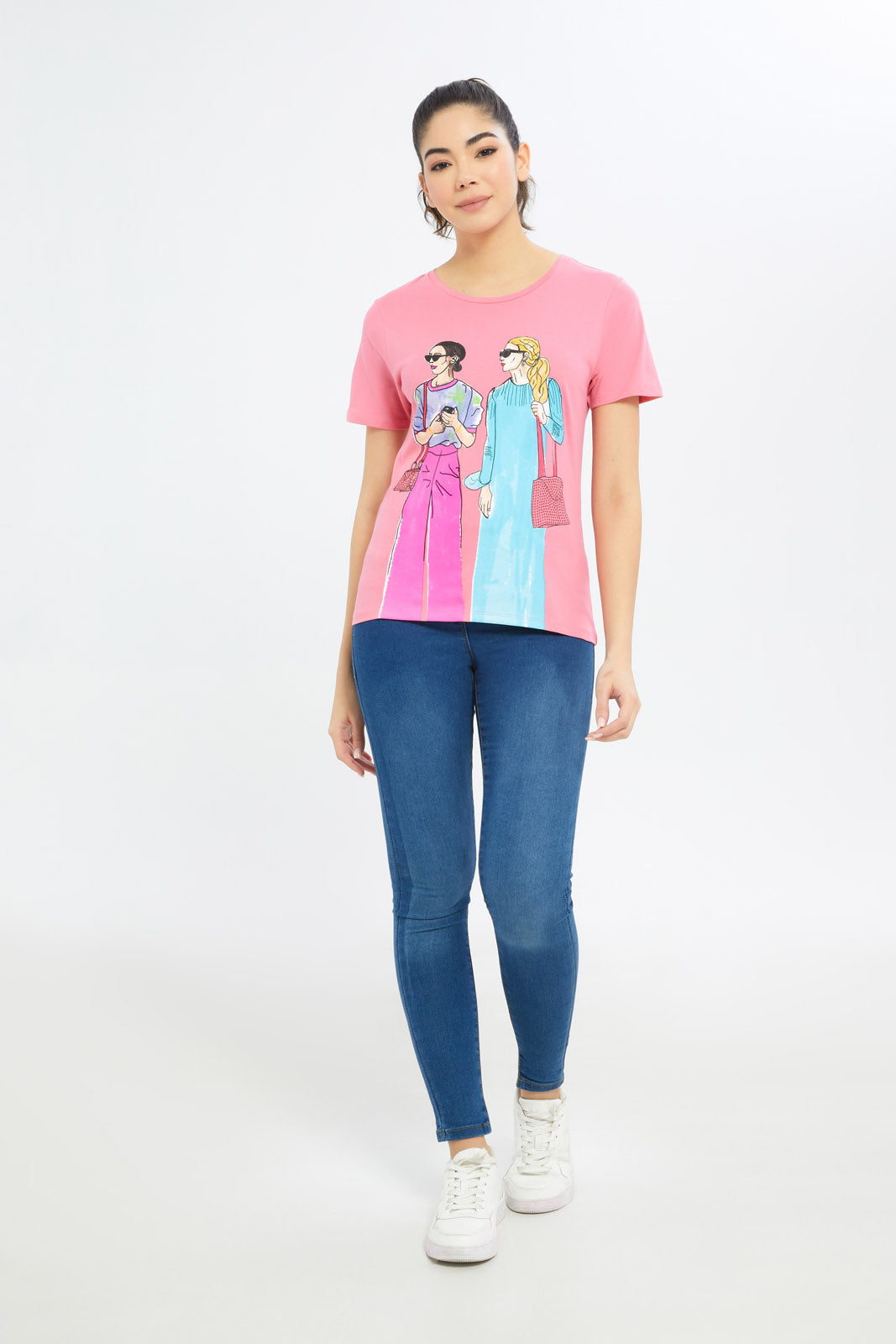Redtag-Women-Pink-Lady-Art-Embellished-T-Shirt-Category:T-Shirts,-Colour:Apricot,-Deals:New-In,-Filter:Women's-Clothing,-H1:LWR,-H2:LAD,-H3:TSH,-H4:CAT,-New-In-Women-APL,-Non-Sale,-Promo:TBL,-S23C,-Season:S23C,-Section:Women,-TBL,-Women-T-Shirts-Women's-