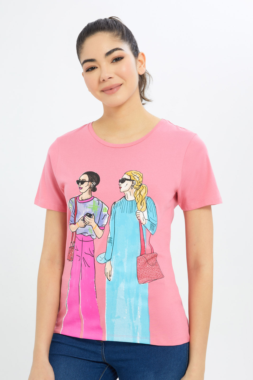 Redtag-Women-Pink-Lady-Art-Embellished-T-Shirt-Category:T-Shirts,-Colour:Apricot,-Deals:New-In,-Filter:Women's-Clothing,-H1:LWR,-H2:LAD,-H3:TSH,-H4:CAT,-New-In-Women-APL,-Non-Sale,-Promo:TBL,-S23C,-Season:S23C,-Section:Women,-TBL,-Women-T-Shirts-Women's-