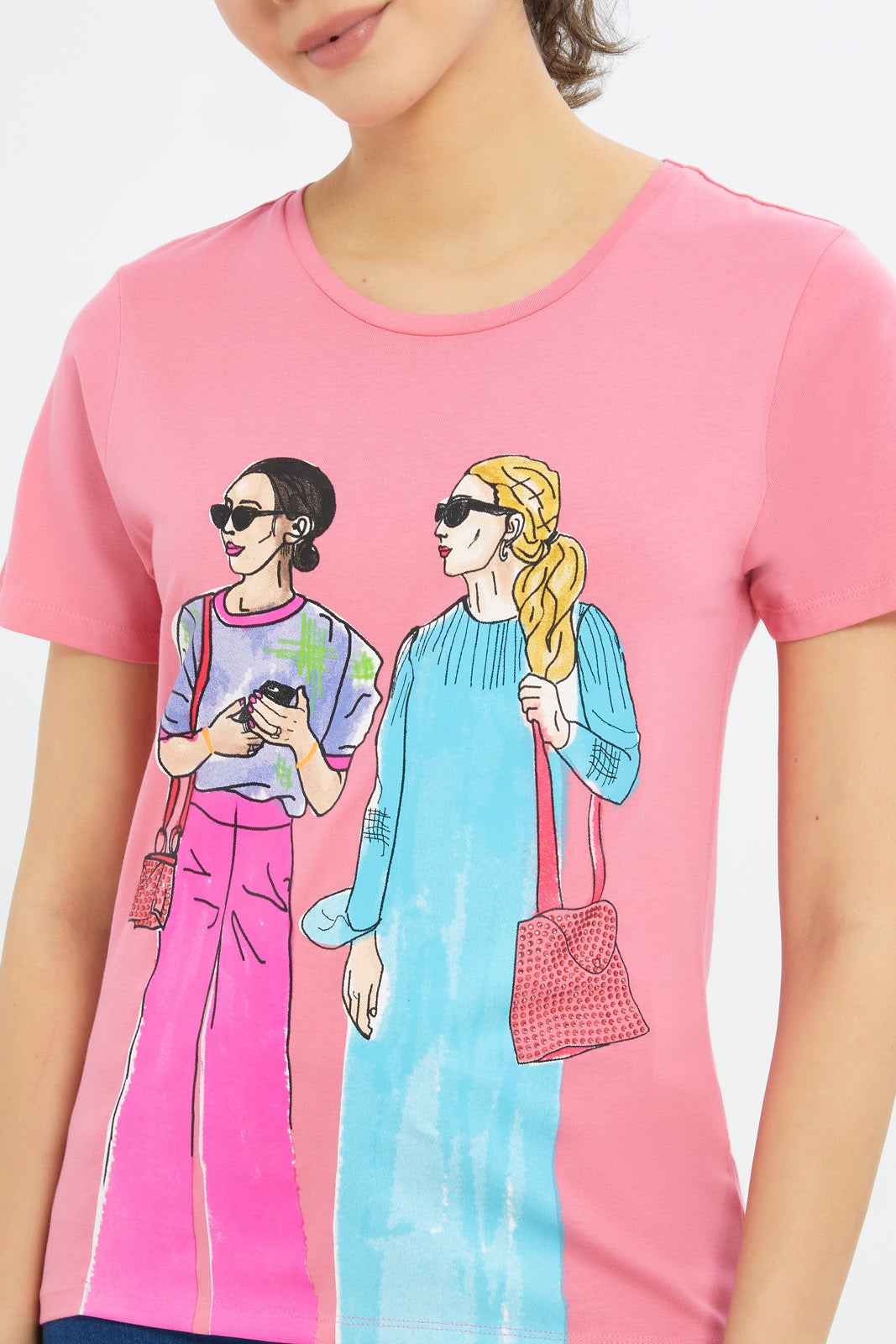 Redtag-Women-Pink-Lady-Art-Embellished-T-Shirt-Category:T-Shirts,-Colour:Apricot,-Deals:New-In,-Filter:Women's-Clothing,-H1:LWR,-H2:LAD,-H3:TSH,-H4:CAT,-New-In-Women-APL,-Non-Sale,-Promo:TBL,-S23C,-Season:S23C,-Section:Women,-TBL,-Women-T-Shirts-Women's-