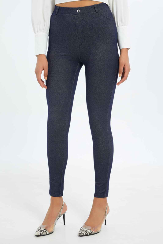 Redtag-Women-Blue-Full-Length-Legging-With-Button-Category:Leggings,-Colour:Blue,-Deals:New-In,-Filter:Women's-Clothing,-H1:LWR,-H2:LAD,-H3:TRS,-H4:LEG,-New-In-Women-APL,-Non-Sale,-S23C,-Season:S23C,-Section:Women,-TBL,-Women-Leggings-Women's-
