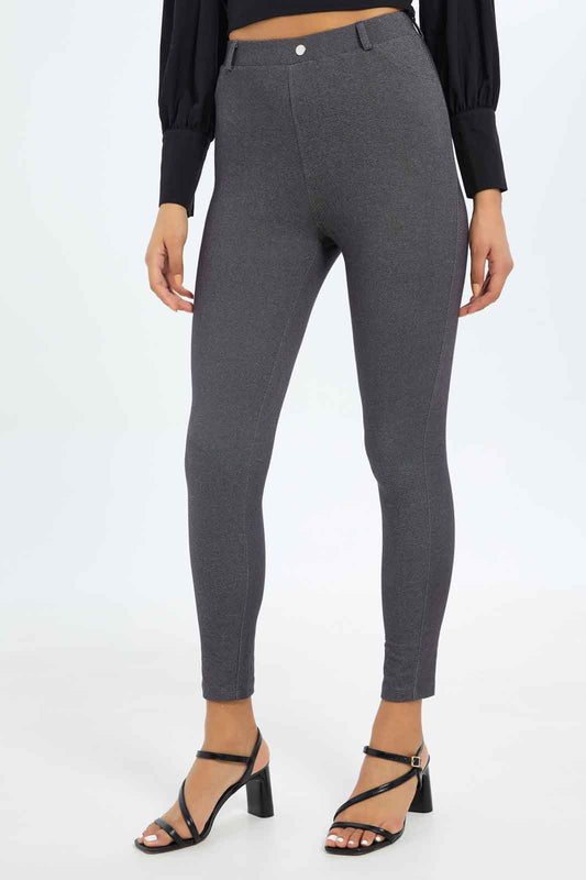 Redtag-Women-Grey-Full-Length-Legging-With-Button-Category:Leggings,-Colour:Grey,-Deals:New-In,-Filter:Women's-Clothing,-H1:LWR,-H2:LAD,-H3:TRS,-H4:LEG,-New-In-Women-APL,-Non-Sale,-S23C,-Season:S23C,-Section:Women,-TBL,-Women-Leggings-Women's-
