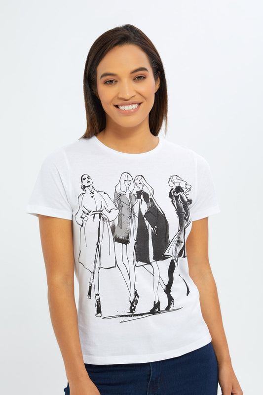 Redtag-Women-White-Illustration-Graphic-T-Shirt-Category:T-Shirts,-Colour:White,-Deals:New-In,-Filter:Women's-Clothing,-H1:LWR,-H2:LAD,-H3:TSH,-H4:CAT,-New-In-Women-APL,-Non-Sale,-S23C,-Season:S23C,-Section:Women,-TBL,-Women-T-Shirts-Women's-
