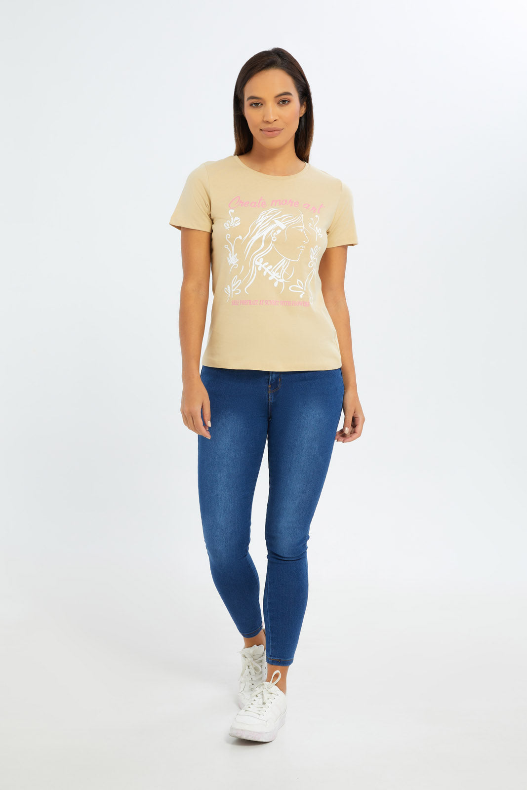 Redtag-Women-Cream-Line-Art-Graphic-T-Shirt-Category:T-Shirts,-Colour:Beige,-Deals:New-In,-Filter:Women's-Clothing,-H1:LWR,-H2:LAD,-H3:TSH,-H4:CAT,-New-In-Women-APL,-Non-Sale,-S23C,-Season:S23C,-Section:Women,-TBL,-Women-T-Shirts-Women's-