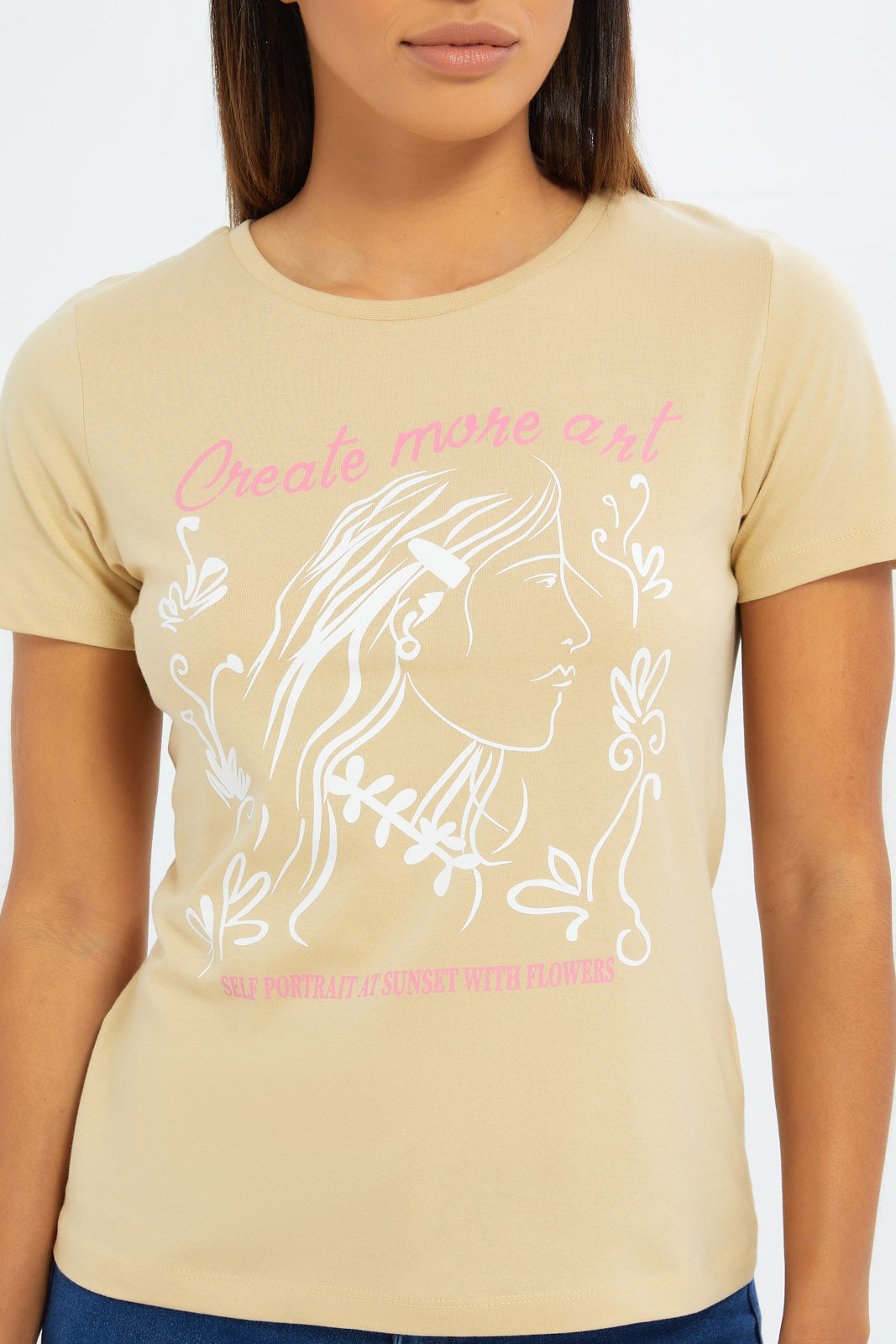 Redtag-Women-Cream-Line-Art-Graphic-T-Shirt-Category:T-Shirts,-Colour:Beige,-Deals:New-In,-Filter:Women's-Clothing,-H1:LWR,-H2:LAD,-H3:TSH,-H4:CAT,-New-In-Women-APL,-Non-Sale,-S23C,-Season:S23C,-Section:Women,-TBL,-Women-T-Shirts-Women's-