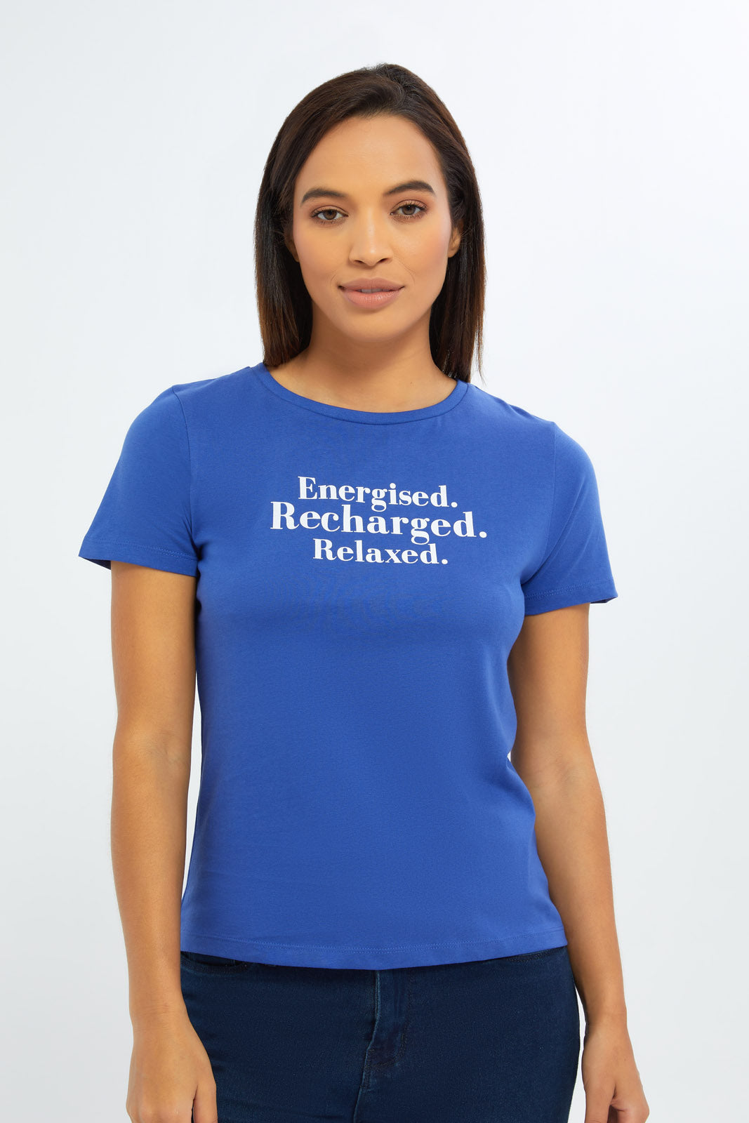 Redtag-Women-Blue-Slogan-Graphic-T-Shirt-Category:T-Shirts,-Colour:Blue,-Deals:New-In,-Filter:Women's-Clothing,-H1:LWR,-H2:LAD,-H3:TSH,-H4:CAT,-New-In-Women-APL,-Non-Sale,-S23C,-Season:S23C,-Section:Women,-TBL,-Women-T-Shirts-Women's-