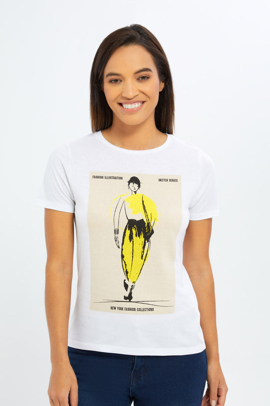 Redtag-Women-White-Illustration-Graphic-T-Shirt-Category:T-Shirts,-Colour:White,-Deals:New-In,-Filter:Women's-Clothing,-H1:LWR,-H2:LAD,-H3:TSH,-H4:CAT,-New-In-Women-APL,-Non-Sale,-S23C,-Season:S23C,-Section:Women,-TBL,-Women-T-Shirts-Women's-