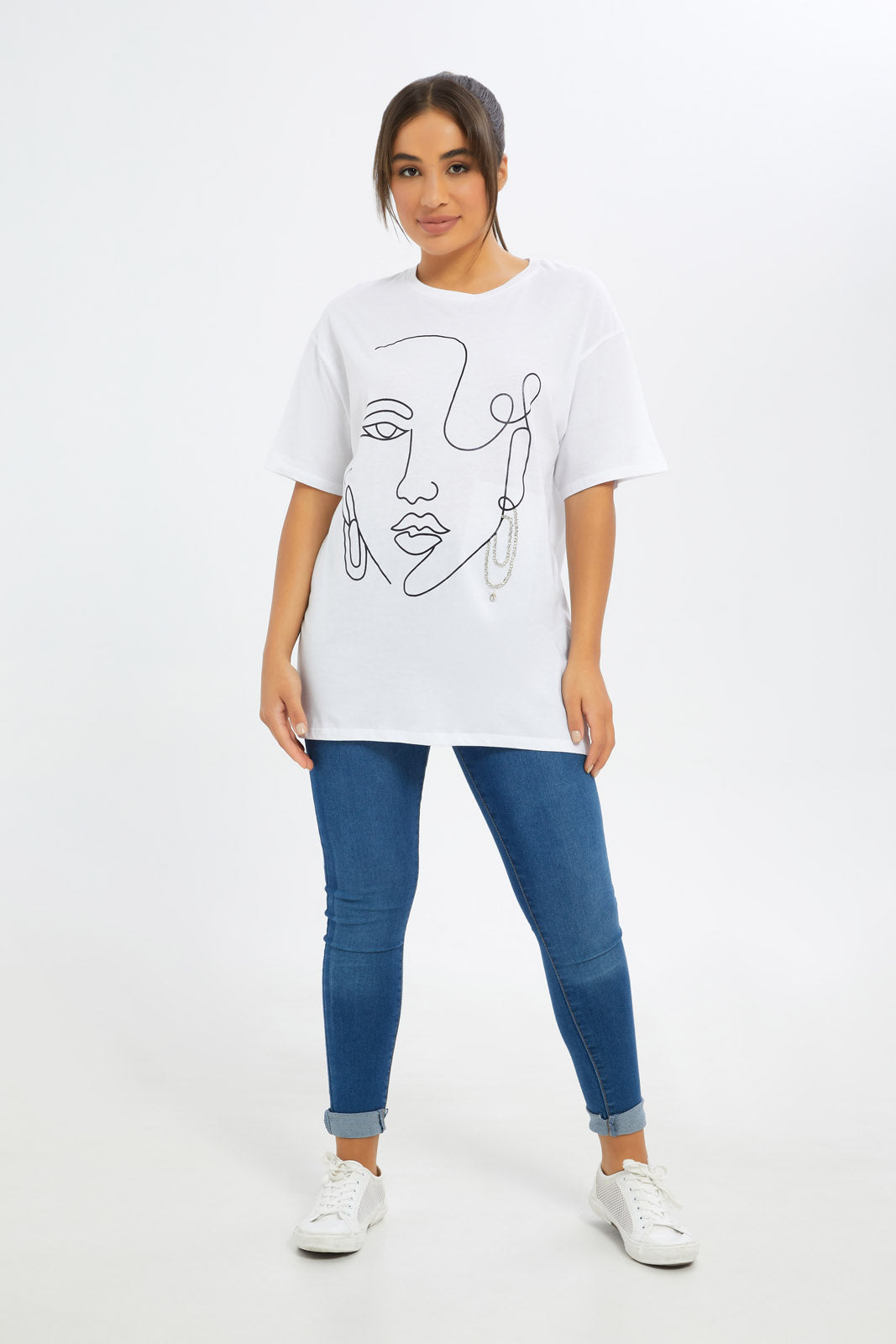 Redtag-Women-White-Line-Art-Embellished-T-Shirt-Category:T-Shirts,-Colour:White,-Deals:New-In,-Filter:Women's-Clothing,-H1:LWR,-H2:LAD,-H3:TSH,-H4:CAT,-New-In-Women-APL,-Non-Sale,-S23C,-Season:S23C,-Section:Women,-Women-T-Shirts-Women's-
