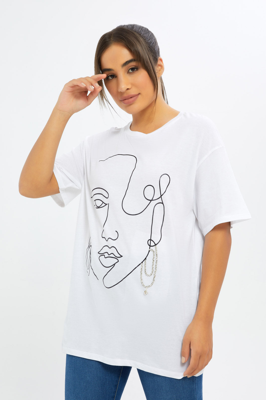 Redtag-Women-White-Line-Art-Embellished-T-Shirt-Category:T-Shirts,-Colour:White,-Deals:New-In,-Filter:Women's-Clothing,-H1:LWR,-H2:LAD,-H3:TSH,-H4:CAT,-New-In-Women-APL,-Non-Sale,-S23C,-Season:S23C,-Section:Women,-Women-T-Shirts-Women's-