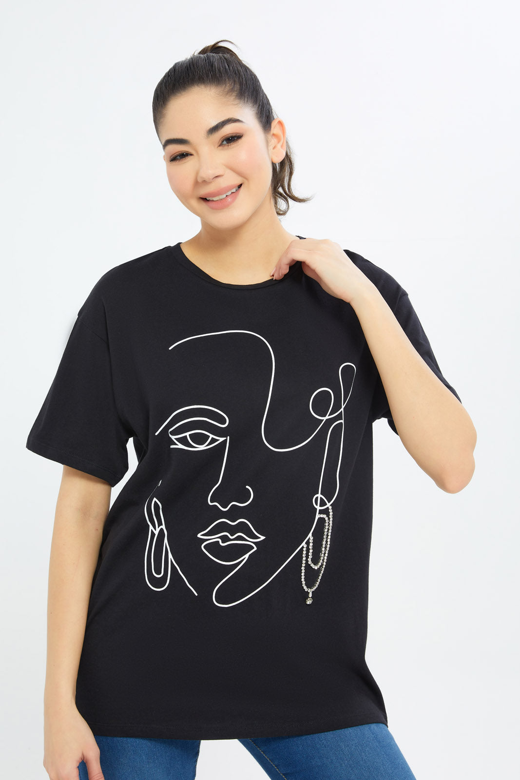 Redtag-Women-Grey-Melange-Line-Art-Embellished-T-Shirt-Category:T-Shirts,-Colour:Grey,-Deals:New-In,-Filter:Women's-Clothing,-H1:LWR,-H2:LAD,-H3:TSH,-H4:CAT,-New-In-Women-APL,-Non-Sale,-RMD,-S23C,-Season:S23C,-Section:Women,-Women-T-Shirts-Women's-