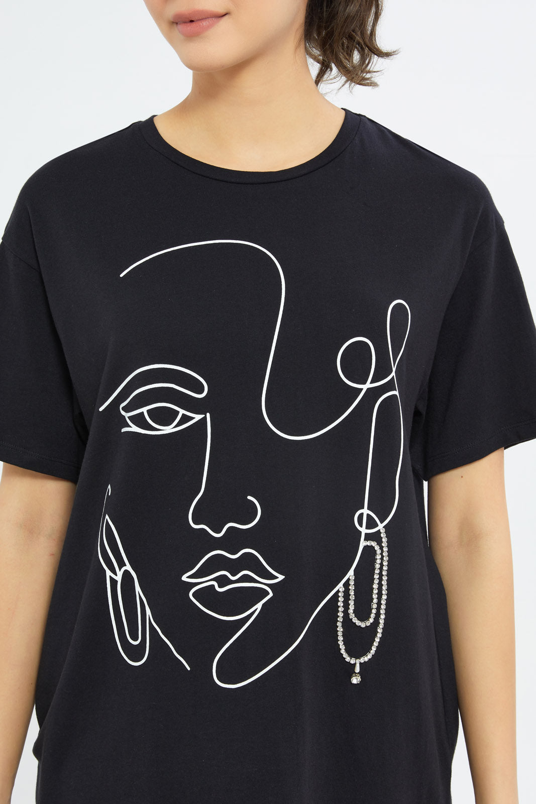 Redtag-Women-Grey-Melange-Line-Art-Embellished-T-Shirt-Category:T-Shirts,-Colour:Grey,-Deals:New-In,-Filter:Women's-Clothing,-H1:LWR,-H2:LAD,-H3:TSH,-H4:CAT,-New-In-Women-APL,-Non-Sale,-RMD,-S23C,-Season:S23C,-Section:Women,-Women-T-Shirts-Women's-