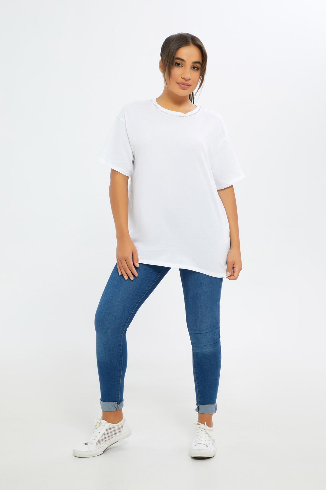 Redtag-Women-White-Neck-Embellishments-T-Shirt-Category:T-Shirts,-Colour:White,-Deals:New-In,-Filter:Women's-Clothing,-H1:LWR,-H2:LAD,-H3:TSH,-H4:CAT,-New-In-Women-APL,-Non-Sale,-S23C,-Season:S23C,-Section:Women,-Women-T-Shirts-Women's-