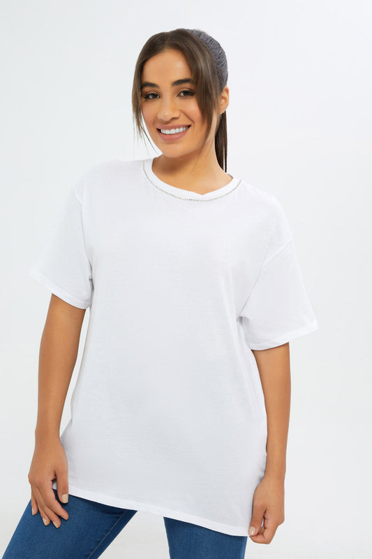 Redtag-Women-White-Neck-Embellishments-T-Shirt-Category:T-Shirts,-Colour:White,-Deals:New-In,-Filter:Women's-Clothing,-H1:LWR,-H2:LAD,-H3:TSH,-H4:CAT,-New-In-Women-APL,-Non-Sale,-S23C,-Season:S23C,-Section:Women,-Women-T-Shirts-Women's-