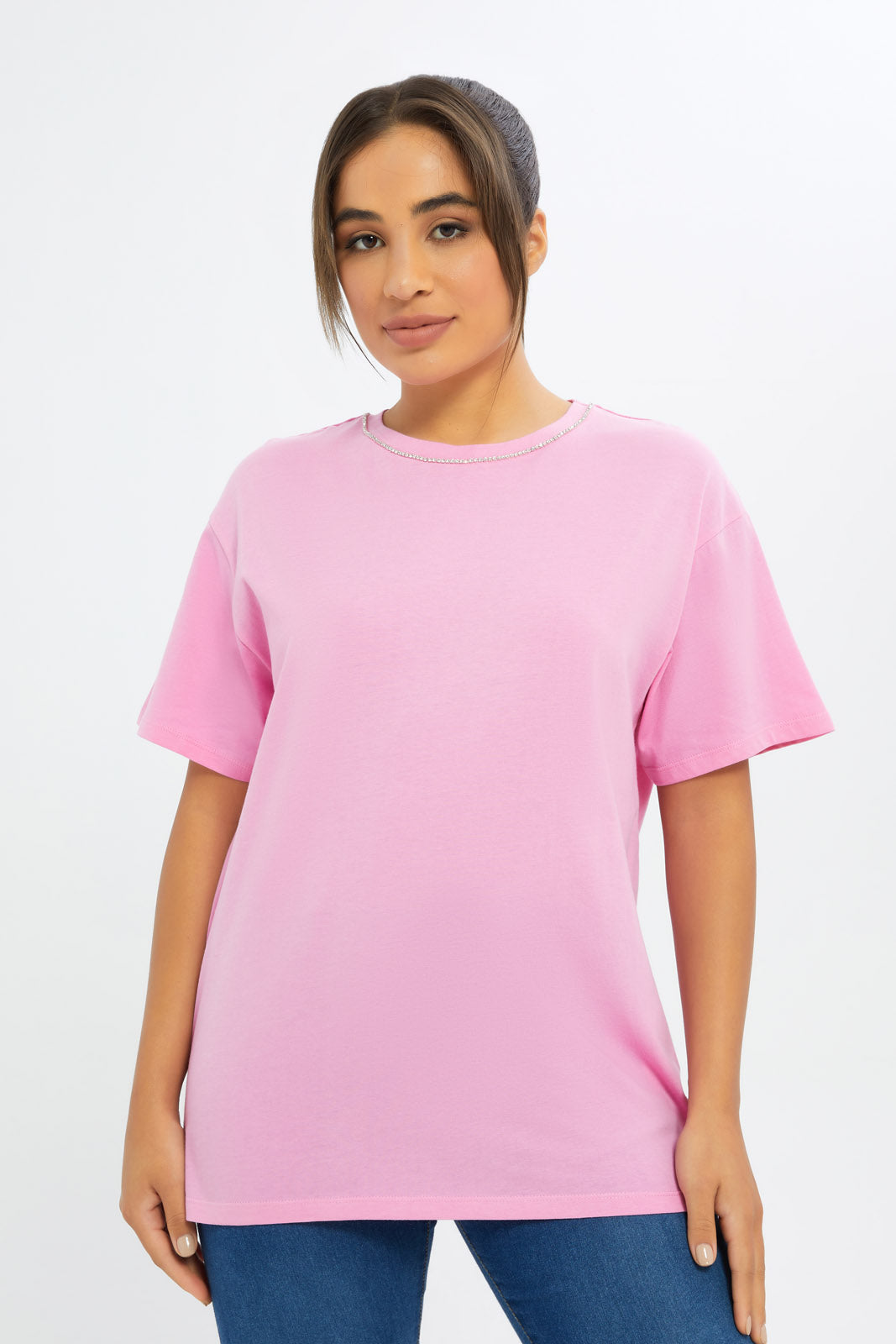 Redtag-Women-Lilac-Neck-Embellishments-T-Shirt-Category:T-Shirts,-Colour:Lilac,-Deals:New-In,-Filter:Women's-Clothing,-H1:LWR,-H2:LAD,-H3:TSH,-H4:CAT,-New-In-Women-APL,-Non-Sale,-S23C,-Season:S23C,-Section:Women,-Women-T-Shirts-Women's-
