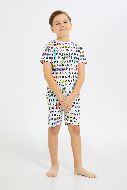 Redtag-Boys-White-Word-Scramble-Print-Pyjama-Set-BOY-Pyjama-Sets,-Category:Pyjama-Sets,-Colour:White,-Deals:New-In,-Filter:Boys-(2-to-8-Yrs),-H1:KWR,-H2:BOY,-H3:NWR,-H4:PJS,-New-In-BOY-APL,-Non-Sale,-S23D,-Season:S23D,-Section:Boys-(0-to-14Yrs)-Boys-2 to 8 Years