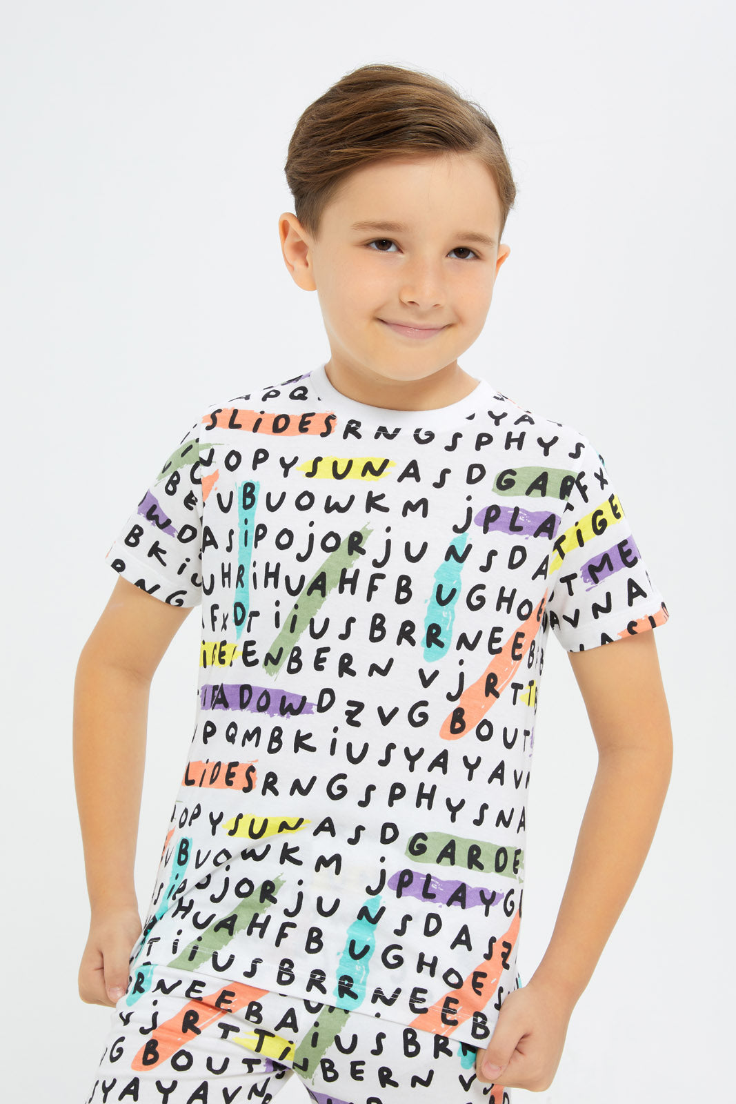Redtag-Boys-White-Word-Scramble-Print-Pyjama-Set-BOY-Pyjama-Sets,-Category:Pyjama-Sets,-Colour:White,-Deals:New-In,-Filter:Boys-(2-to-8-Yrs),-H1:KWR,-H2:BOY,-H3:NWR,-H4:PJS,-New-In-BOY-APL,-Non-Sale,-S23D,-Season:S23D,-Section:Boys-(0-to-14Yrs)-Boys-2 to 8 Years