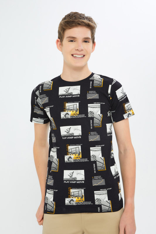 Redtag-Boys-Black-Aop-Tee-BSR-T-Shirts,-Category:T-Shirts,-Colour:Black,-Deals:New-In,-Filter:Senior-Boys-(8-to-14-Yrs),-H1:KWR,-H2:BSR,-H3:TSH,-H4:TSH,-New-In-BSR-APL,-Non-Sale,-S23D,-Season:S23D,-Section:Boys-(0-to-14Yrs)-Senior-Boys-9 to 14 Years