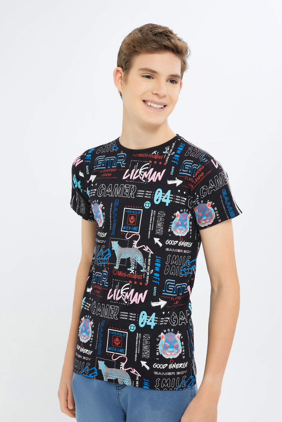Redtag-Boys-Black-Aop-Tee-With-Shoulder-Tape-BSR-T-Shirts,-Category:T-Shirts,-Colour:Black,-Deals:New-In,-Filter:Senior-Boys-(8-to-14-Yrs),-H1:KWR,-H2:BSR,-H3:TSH,-H4:TSH,-New-In-BSR-APL,-Non-Sale,-S23D,-Season:S23D,-Section:Boys-(0-to-14Yrs)-Senior-Boys-9 to 14 Years