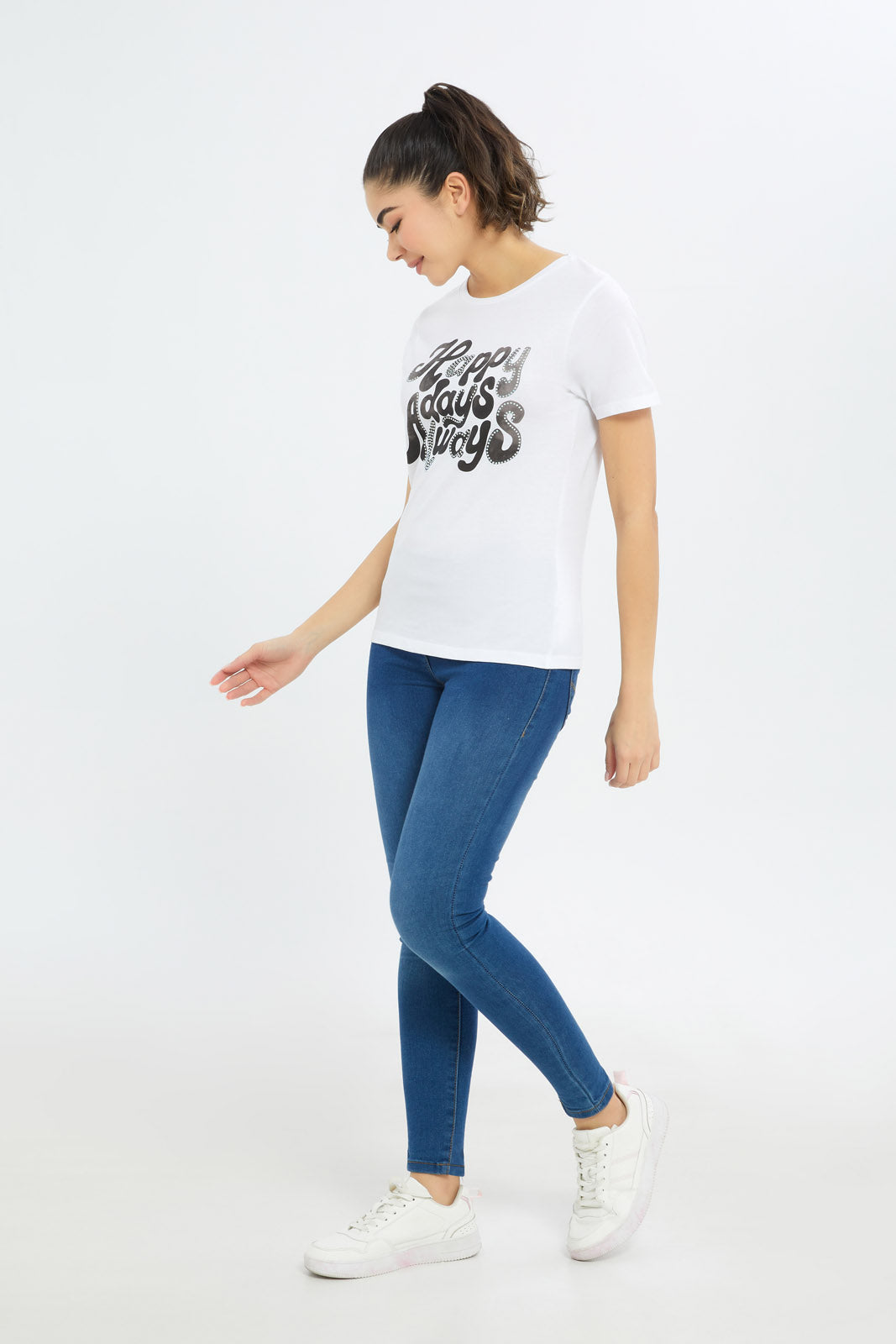Redtag-Women-White-Happy-Days-Embellished-T-Shirt-Category:T-Shirts,-Colour:White,-Deals:New-In,-Filter:Women's-Clothing,-H1:LWR,-H2:LAD,-H3:TSH,-H4:CAT,-New-In-Women-APL,-Non-Sale,-Promo:TBL,-S23C,-Season:S23C,-Section:Women,-TBL,-Women-T-Shirts-Women's-