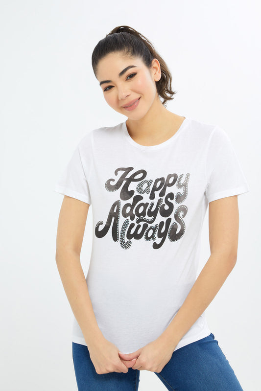 Redtag-Women-White-Happy-Days-Embellished-T-Shirt-Category:T-Shirts,-Colour:White,-Deals:New-In,-Filter:Women's-Clothing,-H1:LWR,-H2:LAD,-H3:TSH,-H4:CAT,-New-In-Women-APL,-Non-Sale,-Promo:TBL,-S23C,-Season:S23C,-Section:Women,-TBL,-Women-T-Shirts-Women's-