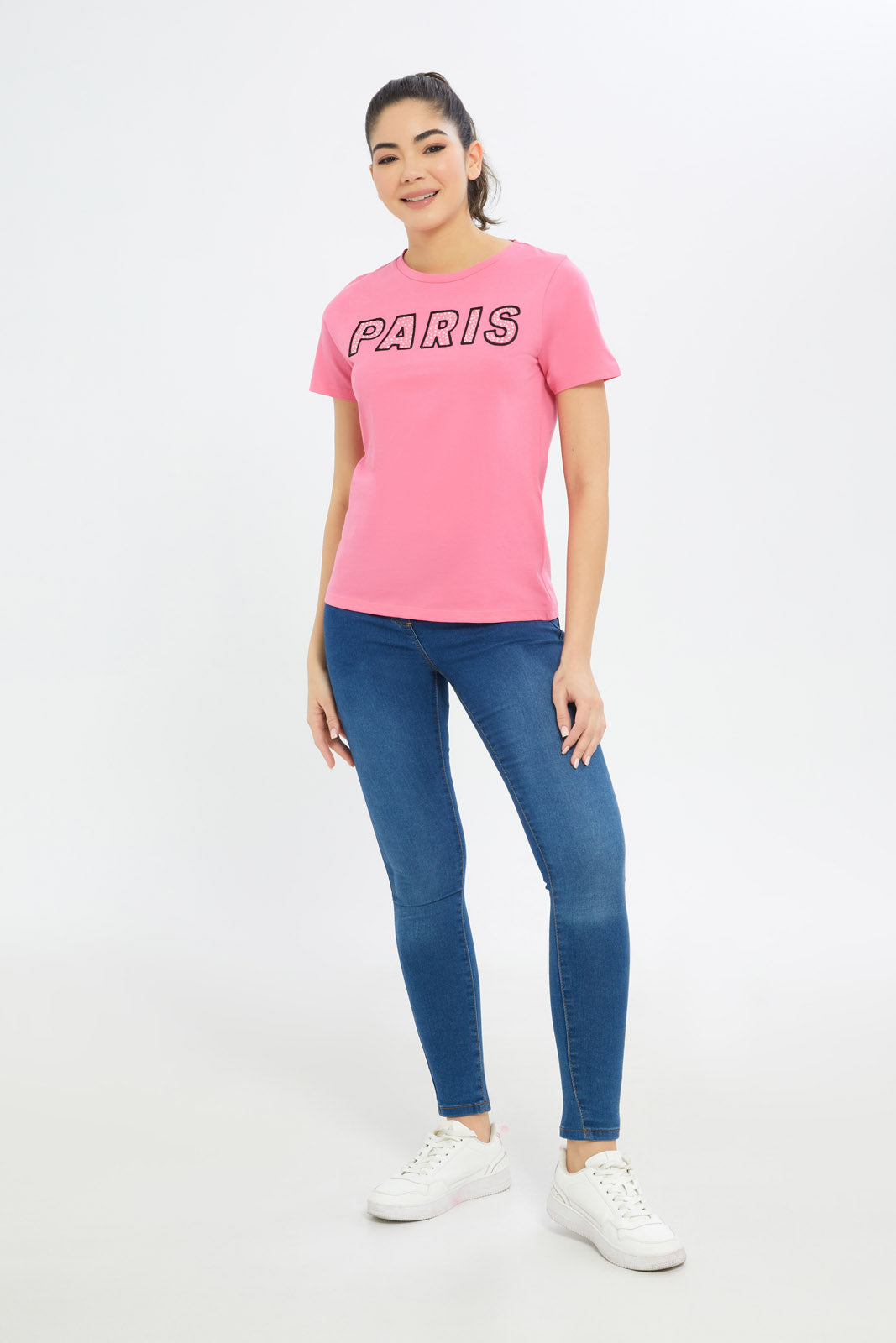Redtag-Women-Pink-Paris-Embellished-T-Shirt-Category:T-Shirts,-Colour:Apricot,-Deals:New-In,-Filter:Women's-Clothing,-H1:LWR,-H2:LAD,-H3:TSH,-H4:CAT,-New-In-Women-APL,-Non-Sale,-Promo:TBL,-S23C,-Season:S23C,-Section:Women,-TBL,-Women-T-Shirts-Women's-