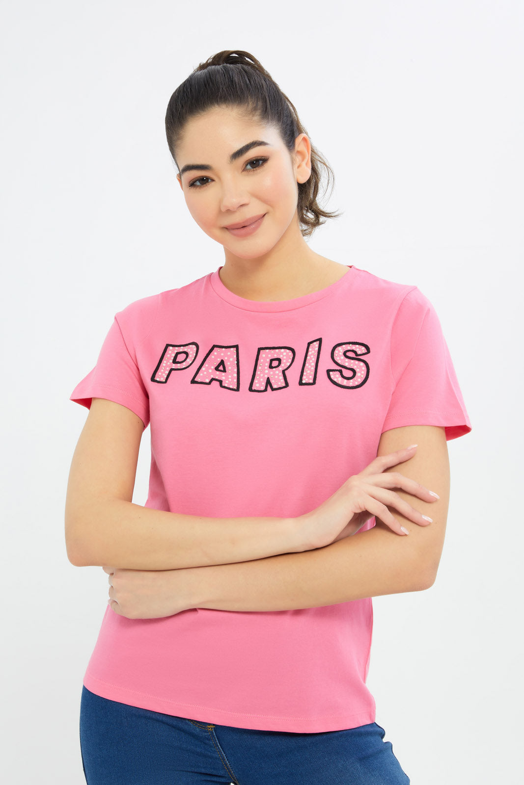 Redtag-Women-Pink-Paris-Embellished-T-Shirt-Category:T-Shirts,-Colour:Apricot,-Deals:New-In,-Filter:Women's-Clothing,-H1:LWR,-H2:LAD,-H3:TSH,-H4:CAT,-New-In-Women-APL,-Non-Sale,-Promo:TBL,-S23C,-Season:S23C,-Section:Women,-TBL,-Women-T-Shirts-Women's-