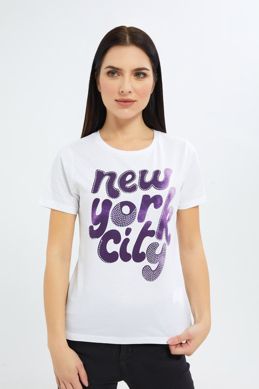 Redtag-Women-White-New-York-Embellished-T-Shirt-Category:T-Shirts,-Colour:White,-Deals:New-In,-Filter:Women's-Clothing,-H1:LWR,-H2:LAD,-H3:TSH,-H4:CAT,-New-In-Women-APL,-Non-Sale,-Promo:TBL,-S23C,-Season:S23C,-Section:Women,-TBL,-Women-T-Shirts-Women's-