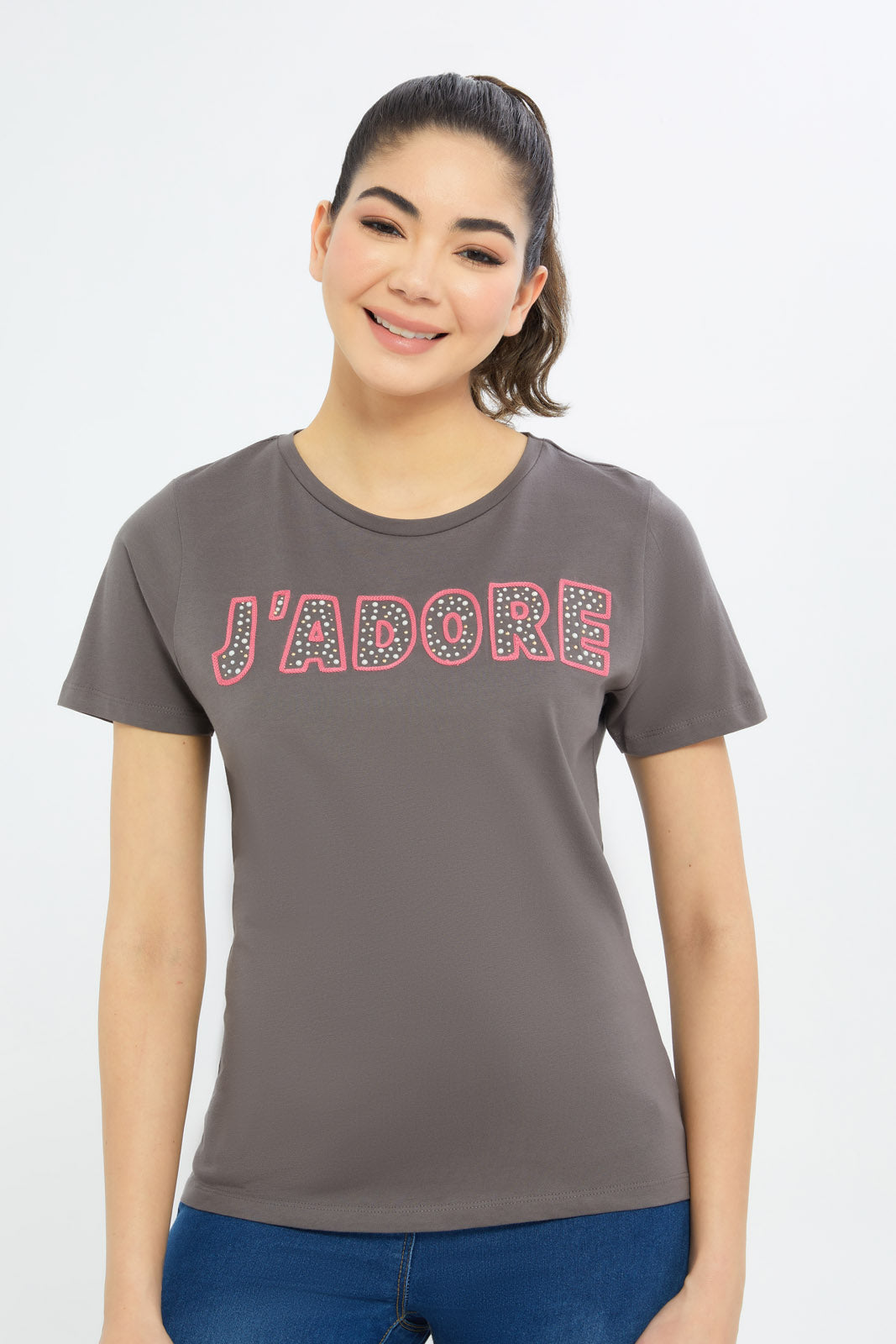 Redtag-Women-Charcoal-J'Dore-Embellished-T-Shirt-Category:T-Shirts,-Colour:Charcoal,-Deals:New-In,-Filter:Women's-Clothing,-H1:LWR,-H2:LAD,-H3:TSH,-H4:CAT,-New-In-Women-APL,-Non-Sale,-Promo:TBL,-S23C,-Season:S23C,-Section:Women,-TBL,-Women-T-Shirts-Women's-