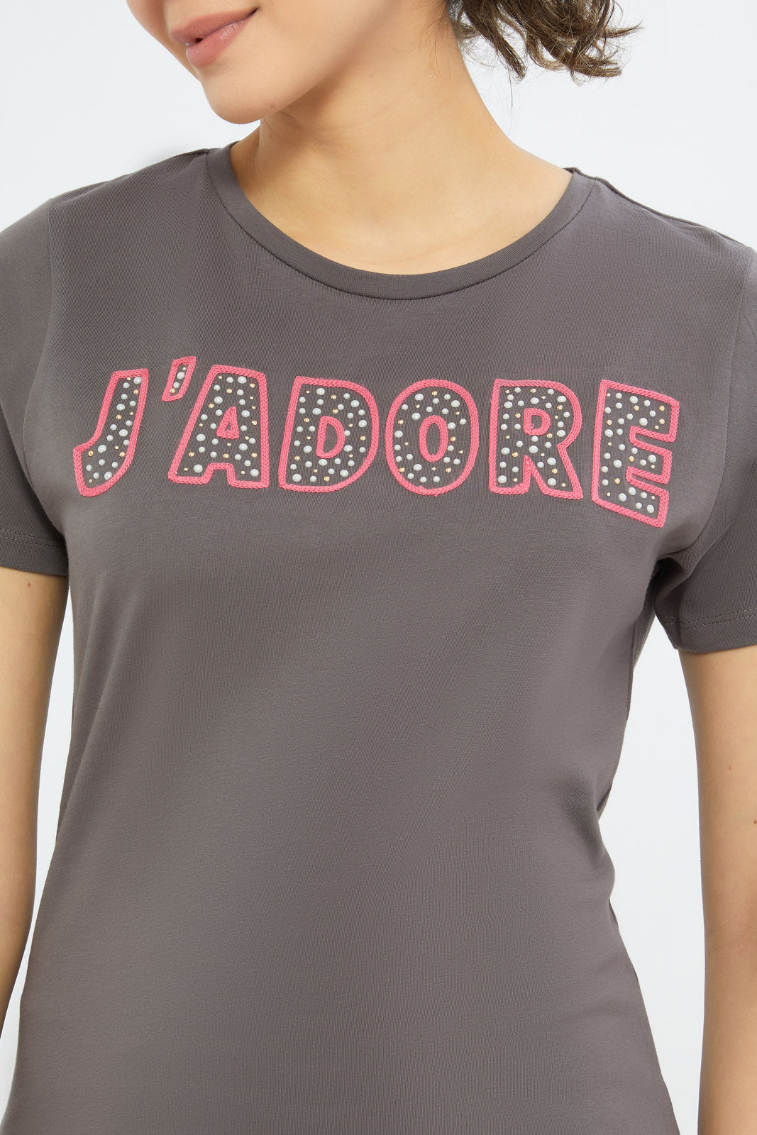 Redtag-Women-Charcoal-J'Dore-Embellished-T-Shirt-Category:T-Shirts,-Colour:Charcoal,-Deals:New-In,-Filter:Women's-Clothing,-H1:LWR,-H2:LAD,-H3:TSH,-H4:CAT,-New-In-Women-APL,-Non-Sale,-Promo:TBL,-S23C,-Season:S23C,-Section:Women,-TBL,-Women-T-Shirts-Women's-